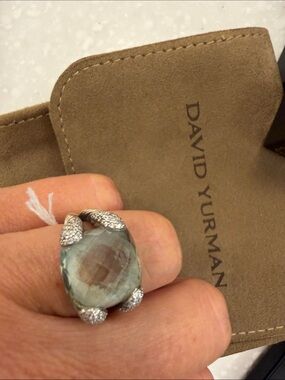 David Yurman Greenish Blue Topaz and Diamond Sterling Ring 7